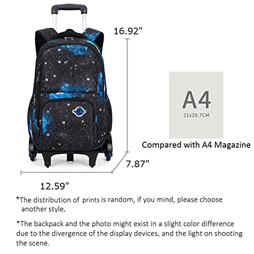 GLOOMALL Starry Sky Kids Trolley Rolling Backpack Primary School Bookbag with Wheels Travel Luggage (Black Blu Starry Sky)