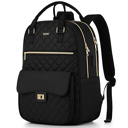 RJEU Laptop Backpack Women 15.6in,Cute School Backpack Bookbag for Teen Girls College Student,Fashion Computer Bag Daypack Mochilas de Mujer for Work Travel,Aesthetic Backpack,Black