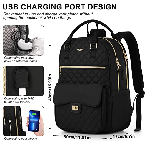 RJEU Laptop Backpack Women 15.6in,Cute School Backpack Bookbag for Teen Girls College Student,Fashion Computer Bag Daypack Mochilas de Mujer for Work Travel,Aesthetic Backpack,Black