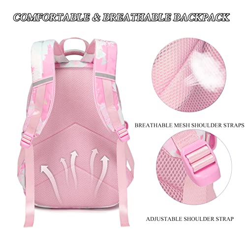 Rexmore Kids Backpack for Girls,3 Pcs Set Elementary Bookbag Waterproof Cute School Bag with Multi Pockets and Compartment,Pink