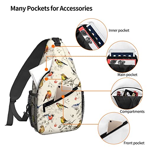 Famame Vintage Seamless Texture Of Little Birds. Watercolor Painting Sling Backpack Chest Bag Crossbody Shoulder Bag Gym Cycling Travel Hiking Daypack For Men Women