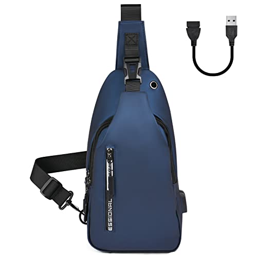 Aucuu Sling Bag for Men with USB Charging Port, Chest Bag Crossbody Shoulder Bag for Men, Waterproof Backpack for Hiking, Cycling, Travel (Blue)