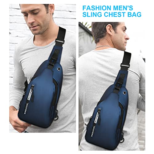 Aucuu Sling Bag for Men with USB Charging Port, Chest Bag Crossbody Shoulder Bag for Men, Waterproof Backpack for Hiking, Cycling, Travel (Blue)