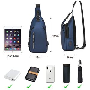 Aucuu Sling Bag for Men with USB Charging Port, Chest Bag Crossbody Shoulder Bag for Men, Waterproof Backpack for Hiking, Cycling, Travel (Blue)