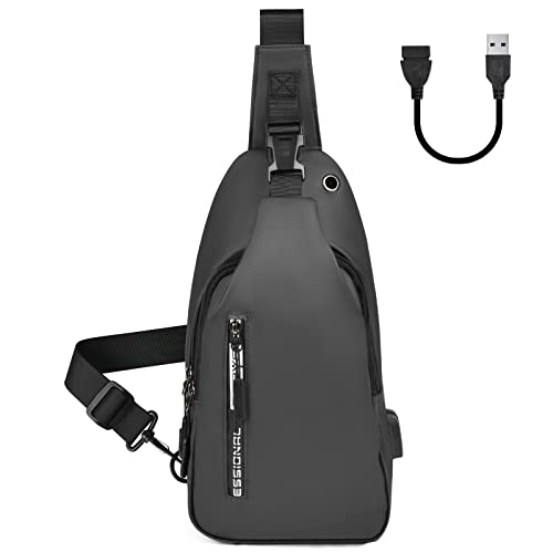 Aucuu Sling Bag, Chest Bag with USB Charging Port, Men Women Lightweight Crossbody for Hiking, Cycling, Traveling (Grey)