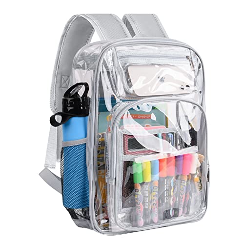 ANSUN Clear Backpack, Large Heavy Duty PVC Transparent Backpack for Kids and Adults, See Through With Reinforced Straps Clear Bookbag for School, Sports, Work, Travel, College, grey