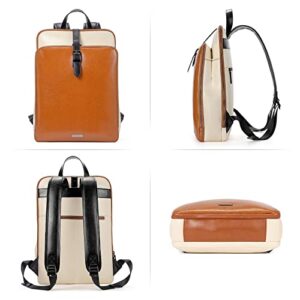 CLUCI Leather Laptop Backpack Purse for Women 15.6 Inch Travel Computer Backpack Work Bag Daypack Brown With Off-white