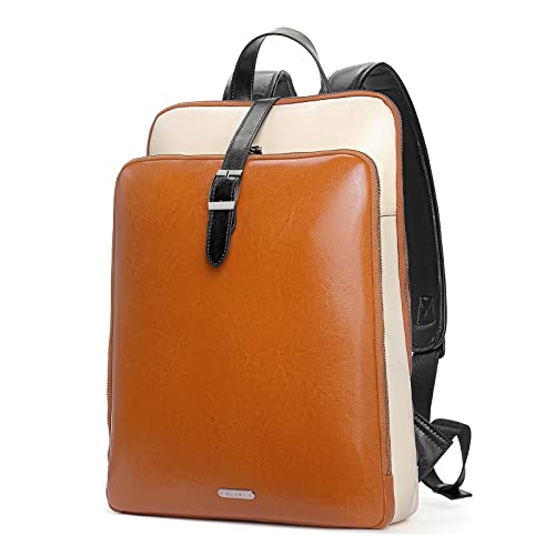 CLUCI Leather Laptop Backpack Purse for Women 15.6 Inch Travel Computer Backpack Work Bag Daypack Brown With Off-white