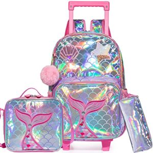 meetbelify rolling backpack for girls school backpack with wheels kids roller luggage for elementary kindergarten students with lunch box pencil case for girls 5-12 years old