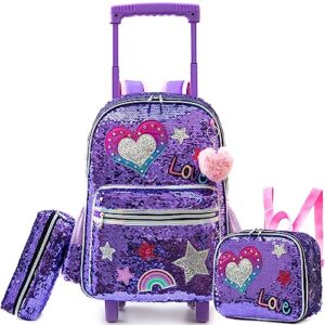 meetbelify rolling backpack for girls school backpack with wheels kids sequin roller luggage for elementary kindergarten students with lunch box pencil case for girls 5-12 years old