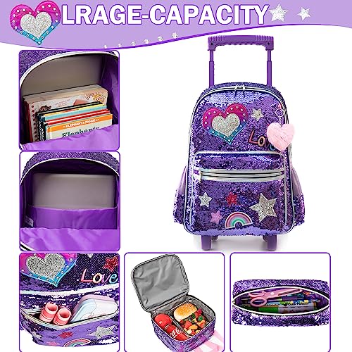 Meetbelify Rolling Backpack for Girls School Backpack with Wheels Kids Sequin Roller Luggage for Elementary Kindergarten Students with Lunch Box Pencil Case for Girls 5-12 Years Old