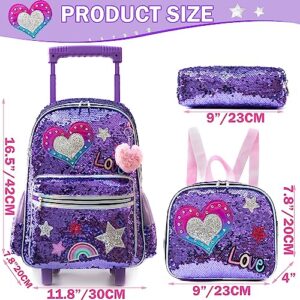 Meetbelify Rolling Backpack for Girls School Backpack with Wheels Kids Sequin Roller Luggage for Elementary Kindergarten Students with Lunch Box Pencil Case for Girls 5-12 Years Old