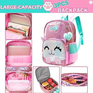 Meetbelify Cute Backpack for Girls Pink Cat School Backpacks Kids Sequin Bookbag for Elementary Kindergarten Students with Lunch Box Pencil Case for Girls 5-12 Years Old