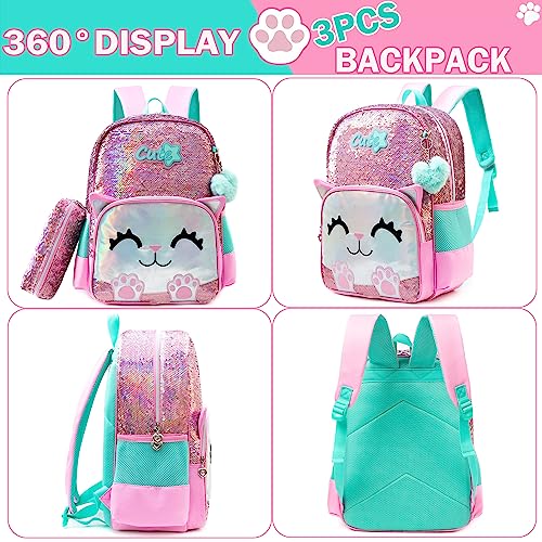 Meetbelify Cute Backpack for Girls Pink Cat School Backpacks Kids Sequin Bookbag for Elementary Kindergarten Students with Lunch Box Pencil Case for Girls 5-12 Years Old