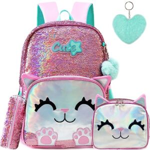 meetbelify cute backpack for girls pink cat school backpacks kids sequin bookbag for elementary kindergarten students with lunch box pencil case for girls 5-12 years old