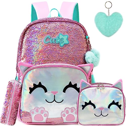 Meetbelify Cute Backpack for Girls Pink Cat School Backpacks Kids Sequin Bookbag for Elementary Kindergarten Students with Lunch Box Pencil Case for Girls 5-12 Years Old