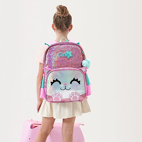 Meetbelify Cute Backpack for Girls Pink Cat School Backpacks Kids Sequin Bookbag for Elementary Kindergarten Students with Lunch Box Pencil Case for Girls 5-12 Years Old