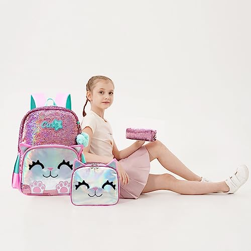 Meetbelify Cute Backpack for Girls Pink Cat School Backpacks Kids Sequin Bookbag for Elementary Kindergarten Students with Lunch Box Pencil Case for Girls 5-12 Years Old