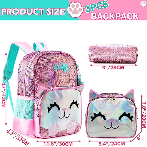 Meetbelify Cute Backpack for Girls Pink Cat School Backpacks Kids Sequin Bookbag for Elementary Kindergarten Students with Lunch Box Pencil Case for Girls 5-12 Years Old