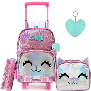 meetbelify rolling backpack for girls cute pink cat school backpack with wheels kids sequin roller luggage for elementary kindergarten students with lunch box pencil case for girls 5-12 years old