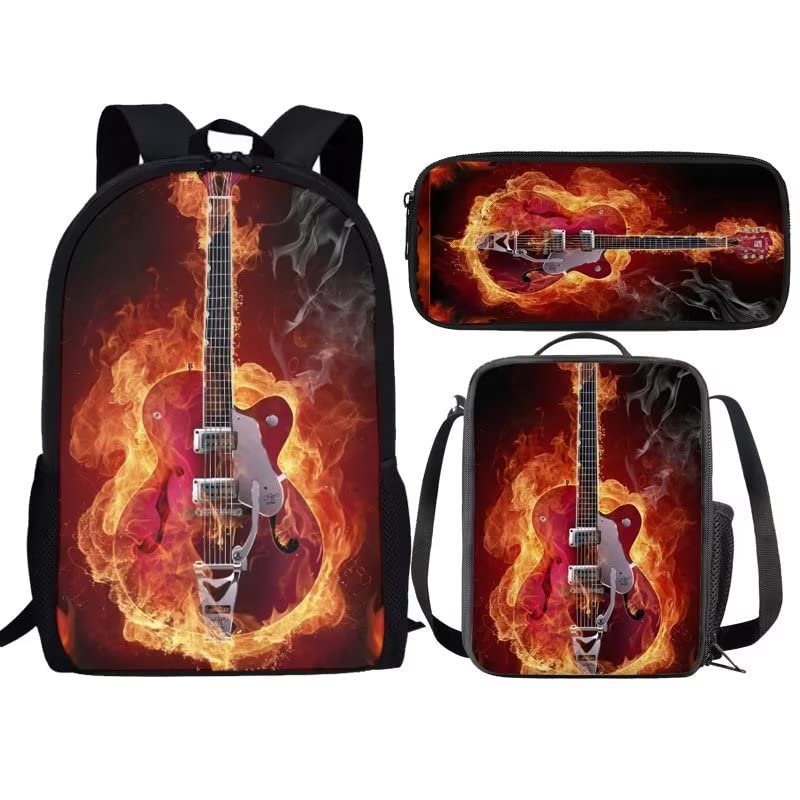 AmzPrint 3 In 1 Flame Fire Guitar Backpack And Lunch Bag Set For Girls Elementary 17 Inch Childrens School Backpacks Black