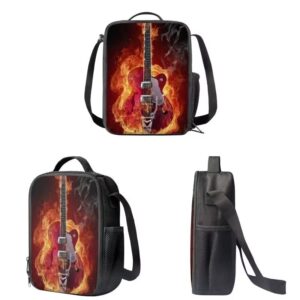 AmzPrint 3 In 1 Flame Fire Guitar Backpack And Lunch Bag Set For Girls Elementary 17 Inch Childrens School Backpacks Black