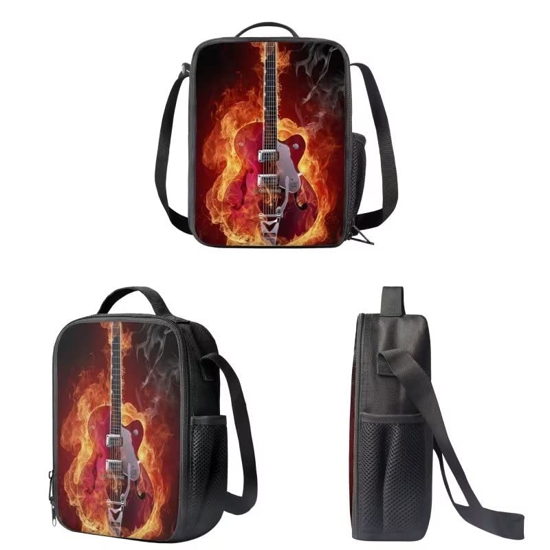 AmzPrint 3 In 1 Flame Fire Guitar Backpack And Lunch Bag Set For Girls Elementary 17 Inch Childrens School Backpacks Black