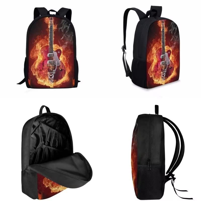 AmzPrint 3 In 1 Flame Fire Guitar Backpack And Lunch Bag Set For Girls Elementary 17 Inch Childrens School Backpacks Black