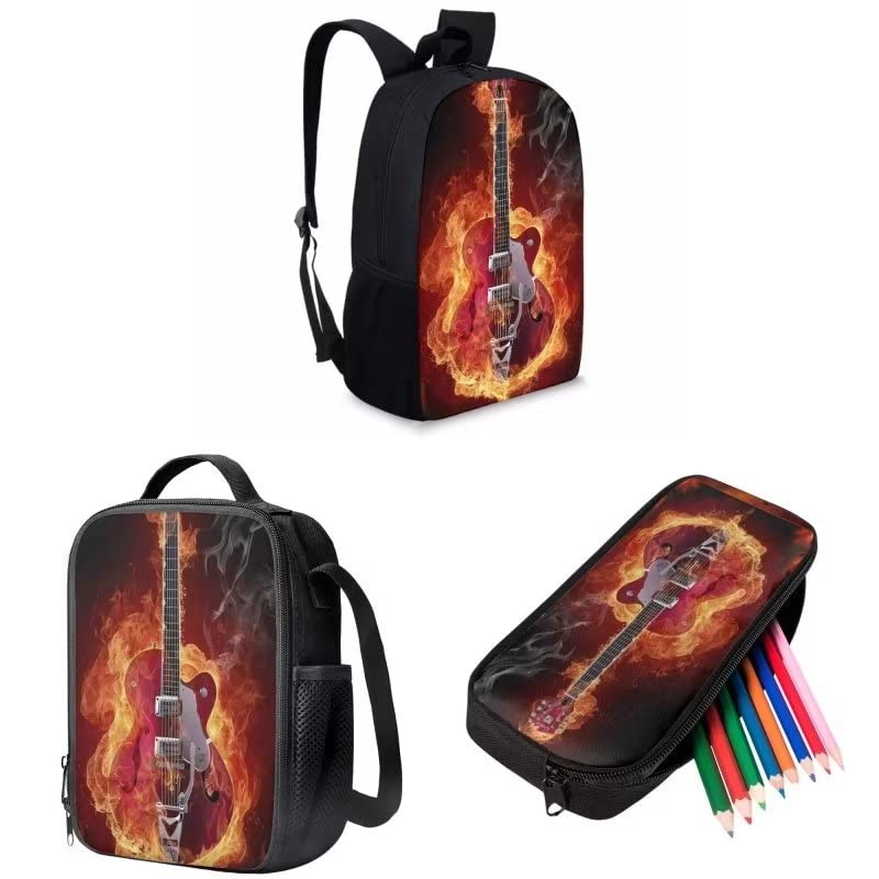 AmzPrint 3 In 1 Flame Fire Guitar Backpack And Lunch Bag Set For Girls Elementary 17 Inch Childrens School Backpacks Black