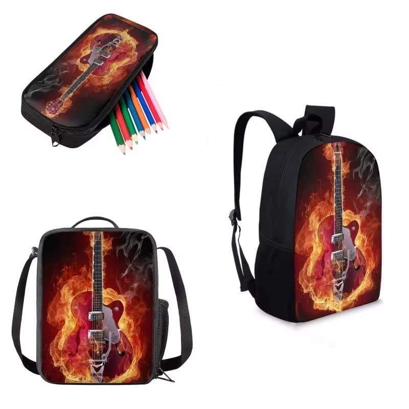 AmzPrint 3 In 1 Flame Fire Guitar Backpack And Lunch Bag Set For Girls Elementary 17 Inch Childrens School Backpacks Black