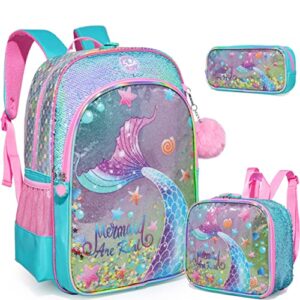 zbaogtw mermaid backpacks for girls kids school cute bookbag for kindergarten elementary sequin school backpack for girls lightweight school bag with lunch box