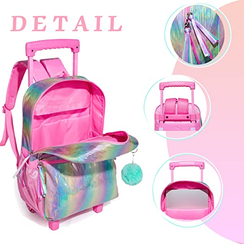 HTgroce 3 in 1 Pink Rolling Backpack for Girls, Kids Roller Wheels Bookbag, PWR Girls Backpack with Wheels Suitcase School, Wheeled School Bag and Lunch Bag & Pencil Case