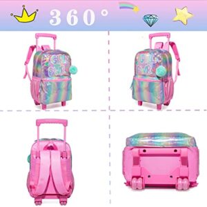 HTgroce 3 in 1 Pink Rolling Backpack for Girls, Kids Roller Wheels Bookbag, PWR Girls Backpack with Wheels Suitcase School, Wheeled School Bag and Lunch Bag & Pencil Case