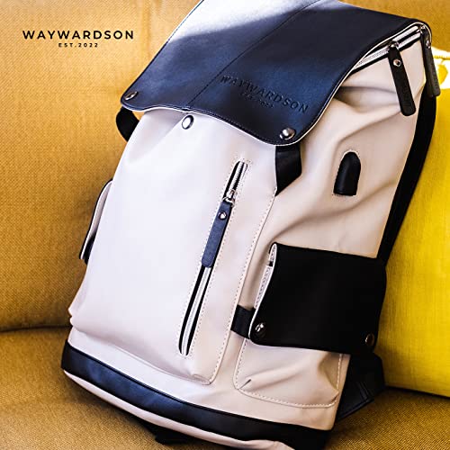 WAYWARDSON Vegan Leather Men’s Backpack Travel Bag for Business Trips and Excursions Back Strap and Laptop Sleeve Included (Black and White)