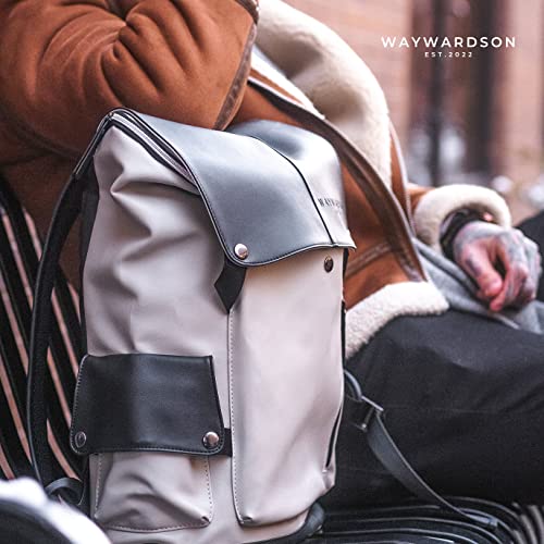 WAYWARDSON Vegan Leather Men’s Backpack Travel Bag for Business Trips and Excursions Back Strap and Laptop Sleeve Included (Black and White)