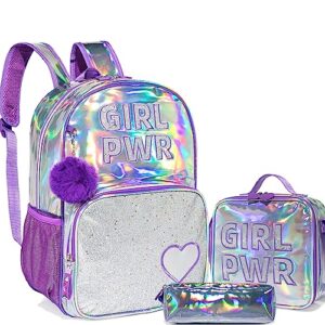 htgroce purple backpacks for girls with lunch box kindergarten backpack glitter for girls school backpack set girls book bag purple
