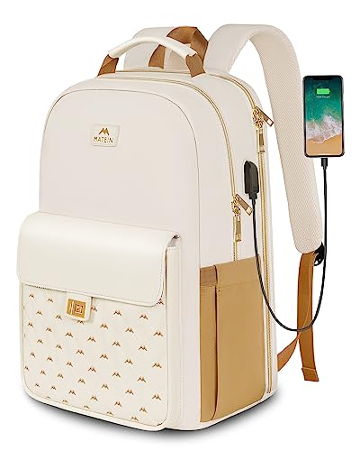 MATEIN Computer Backpack for Women, Large Anti Theft TSA 17 Inch Laptop Backpack with USB Charging Port, Durable Water Resistant Cute College Backpack Casual Daypack Purse for Work Travel, Beige