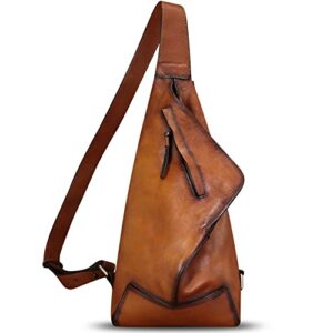 feigitor genuine leather sling bag retro crossbody sling backpack handmade chest shoulder hiking daypack cycling purse fanny pack (brown)