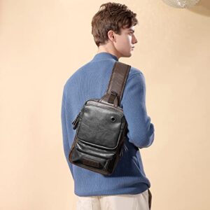 Small Black Sling Crossbody Backpack Shoulder Bag, Vintage PU Leather Casual Daypack Rucksack with USB Charger bag for Men Women