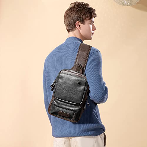 Small Black Sling Crossbody Backpack Shoulder Bag, Vintage PU Leather Casual Daypack Rucksack with USB Charger bag for Men Women