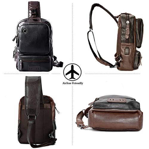 Small Black Sling Crossbody Backpack Shoulder Bag, Vintage PU Leather Casual Daypack Rucksack with USB Charger bag for Men Women