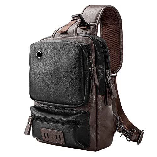 Small Black Sling Crossbody Backpack Shoulder Bag, Vintage PU Leather Casual Daypack Rucksack with USB Charger bag for Men Women