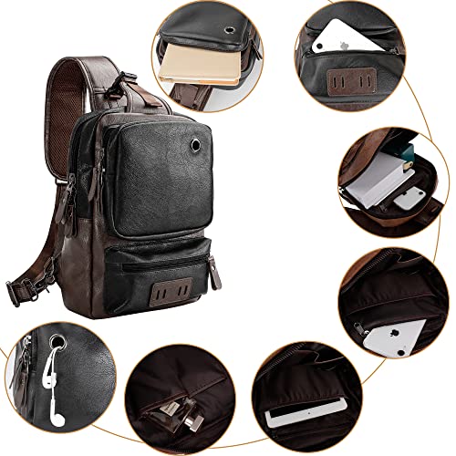 Small Black Sling Crossbody Backpack Shoulder Bag, Vintage PU Leather Casual Daypack Rucksack with USB Charger bag for Men Women