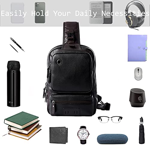 Small Black Sling Crossbody Backpack Shoulder Bag, Vintage PU Leather Casual Daypack Rucksack with USB Charger bag for Men Women