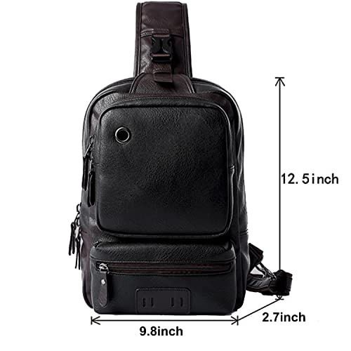 Small Black Sling Crossbody Backpack Shoulder Bag, Vintage PU Leather Casual Daypack Rucksack with USB Charger bag for Men Women