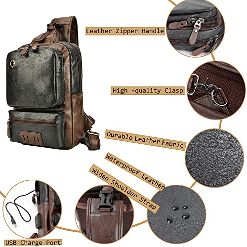 Small Black Sling Crossbody Backpack Shoulder Bag, Vintage PU Leather Casual Daypack Rucksack with USB Charger bag for Men Women