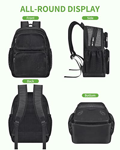 MAY TREE Mesh Backpack for School with Inner Laptop Compartment, Heavy Duty Mesh Backpacks for Adults Girls Boys Kids with Padded Shoulder Straps, Large Mesh Backpack for Travel Beach Hiking - Black