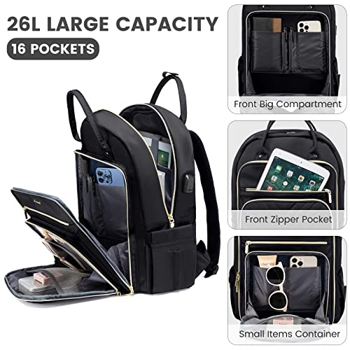 LOVEVOOK Laptop Backpack Women Teacher Backpack,15.6 Inch Laptop Bag with USB Port,Waterproof Daypack for Work Travel,Black