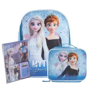 ralme disney frozen back to school bundle for girls with backpack, lunch box, and 7 pc. calculator & school supplies set
