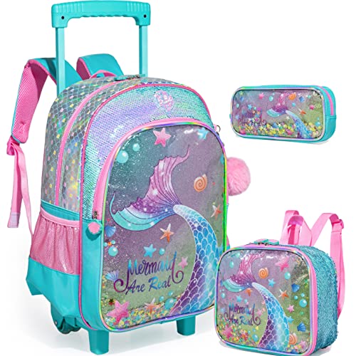 ZBAOGTW Mermaid Rolling Backpack for Girls with Lunch Box Kids Backpack with Wheels for School Sequin Rolling Backpack for Kindergarten Girls Trolley Trips Kids Luggage